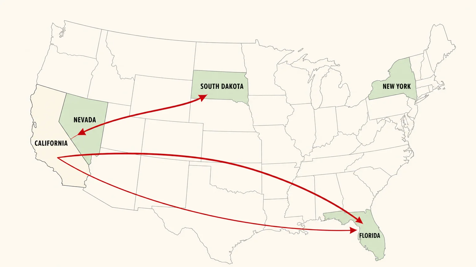 A clean, minimalist US map diagram highlighting tax migration routes from high-tax states to no-income-tax states.