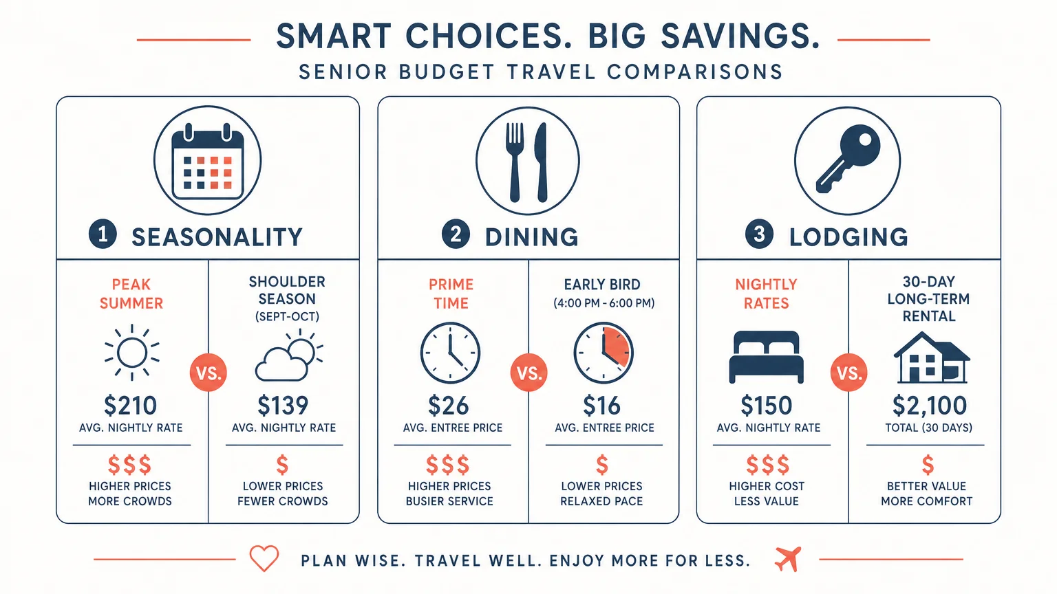 A clean, three-panel infographic comparing Peak vs Shoulder season, Prime vs Early Bird dining, and Nightly vs 30-Day rental lodging.