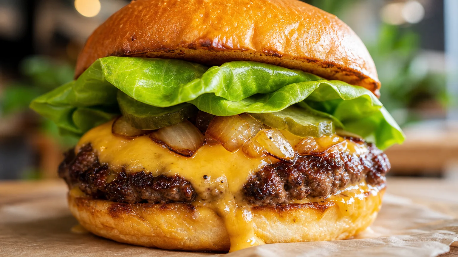 A close-up, high-quality photo of a cheeseburger with a crispy patty and fresh green lettuce.