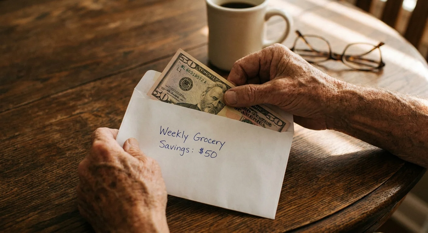 A close-up of a senior's hands placing a fifty dollar bill into a paper envelope labeled Weekly Grocery Savings.