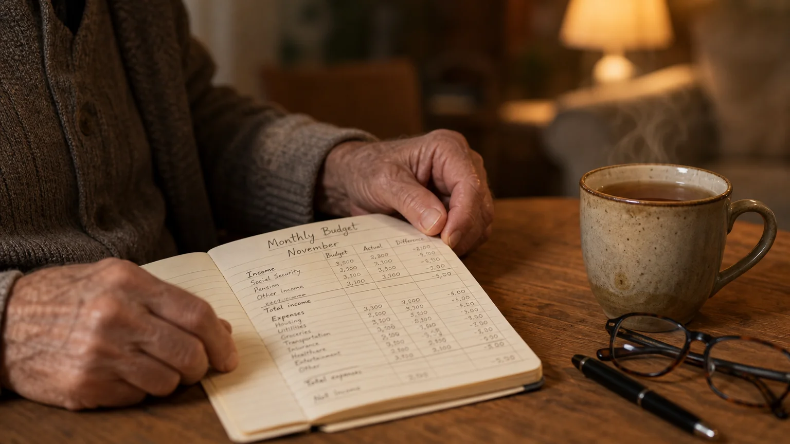A close-up of a senior's hands reviewing a physical budget planner on a wooden table next to a cup of tea.