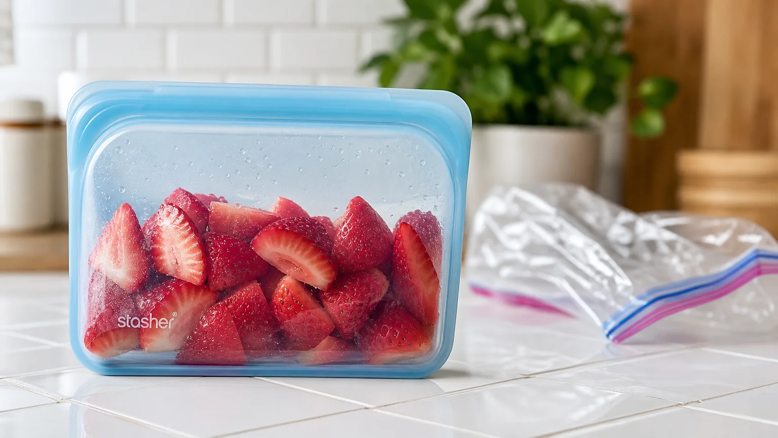 A close-up photo of a reusable blue silicone bag filled with fresh strawberries on a kitchen counter.