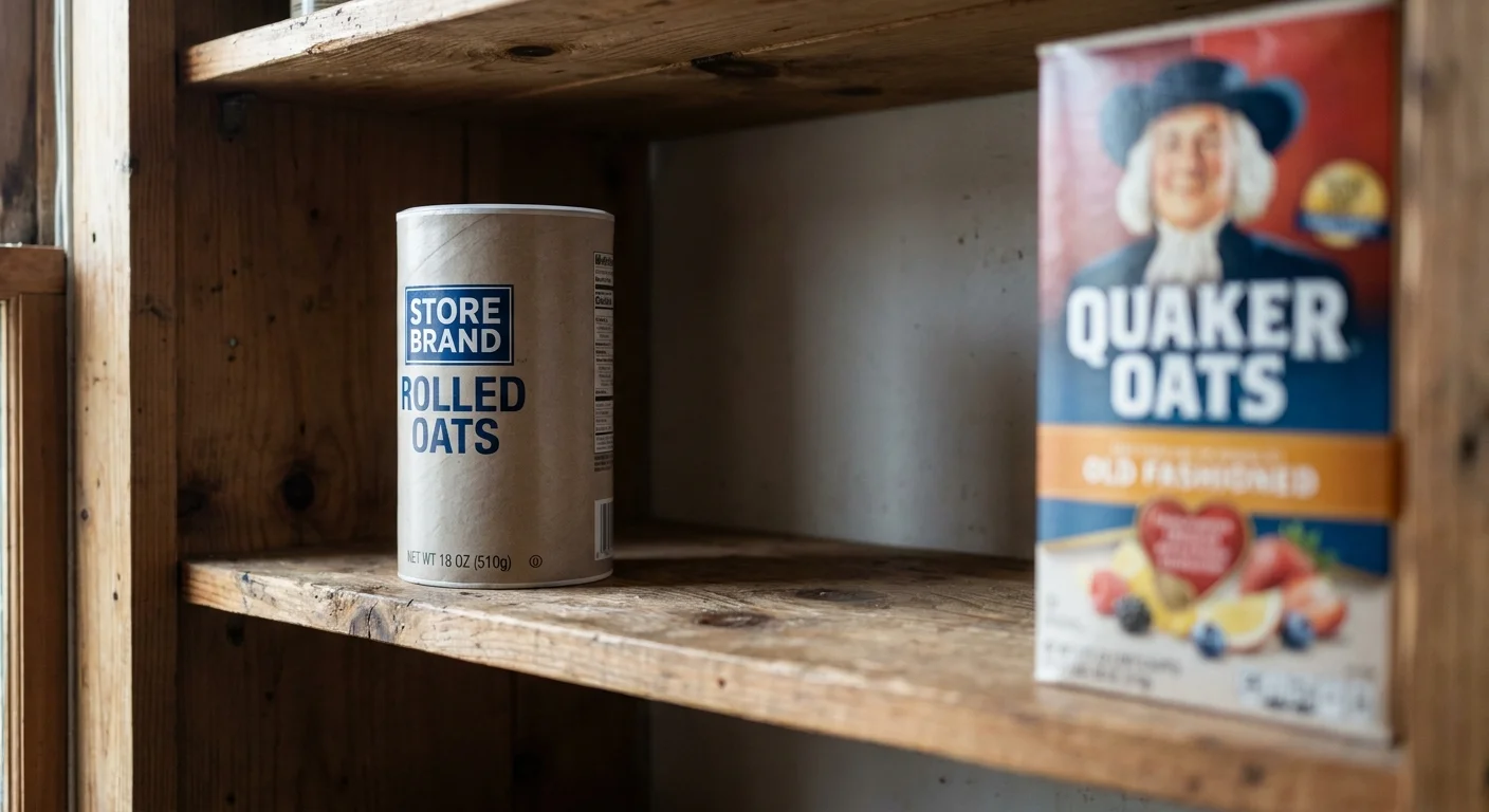 A close-up photograph comparing a simple store-brand oats package with a blurred national brand on a wooden pantry shelf.