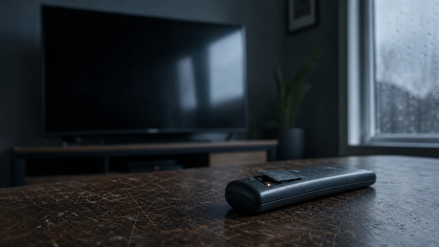 A close-up photograph of a cheap, scuffed black plastic television remote control lying on a wooden coffee table.