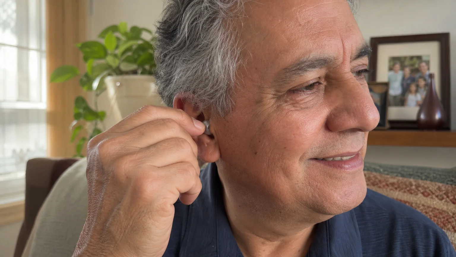 A close-up photograph of an older man smiling while adjusting a small, modern hearing aid in his ear in a sunlit room.