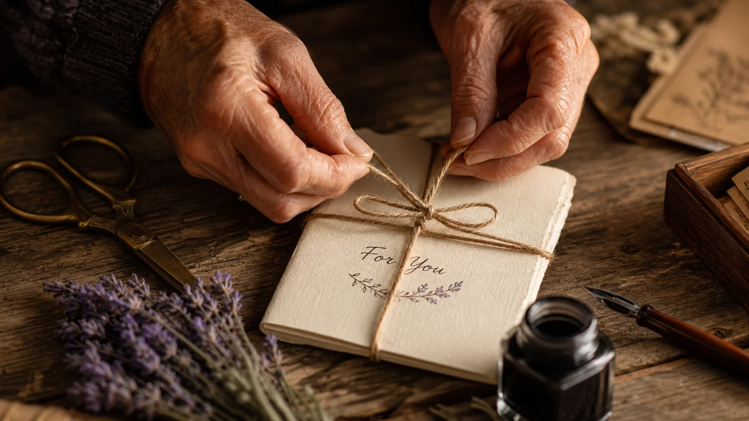A close-up photograph of an older person's hands crafting a handmade greeting card with cardstock and rustic twine.
