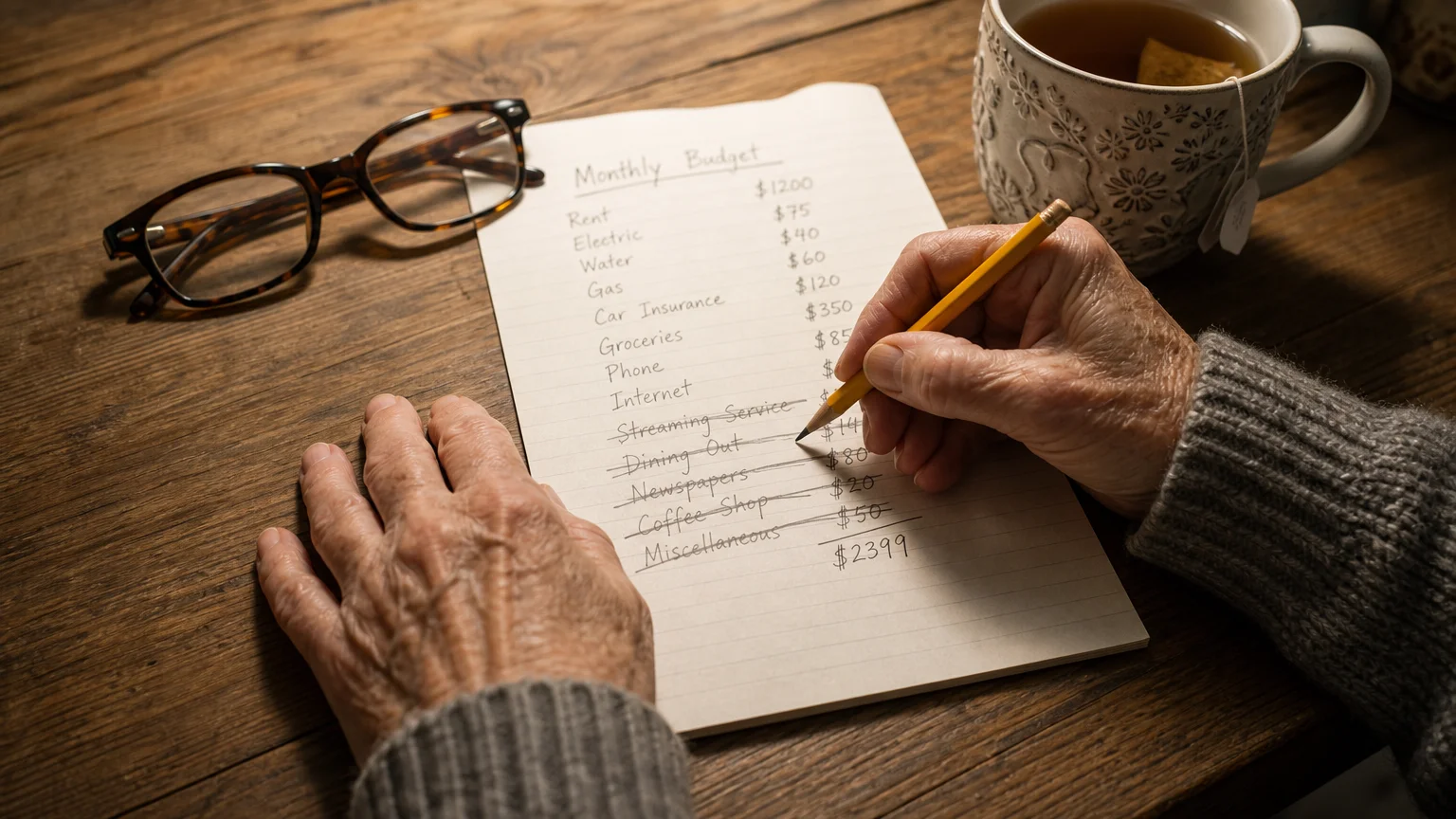 A close-up shot of hands crossing out non-essential expenses on a paper budget ledger next to a warm cup of tea.
