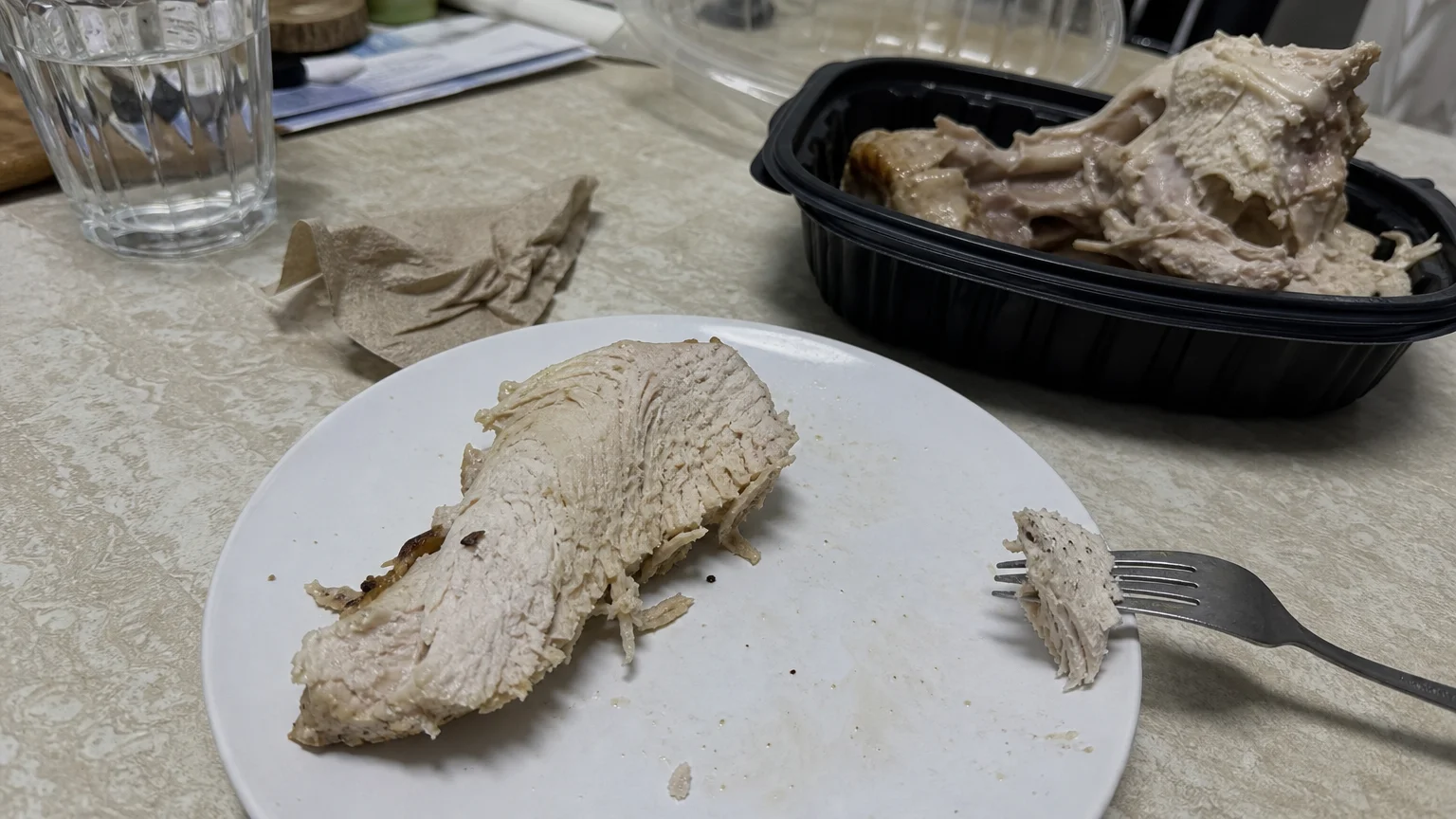 A close-up snapshot of a dry, stringy chicken breast on a ceramic plate, capturing a disappointing meal.