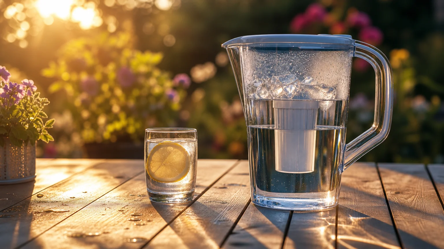 A cold water filtration pitcher sitting on a wooden table outdoors in the afternoon sun.