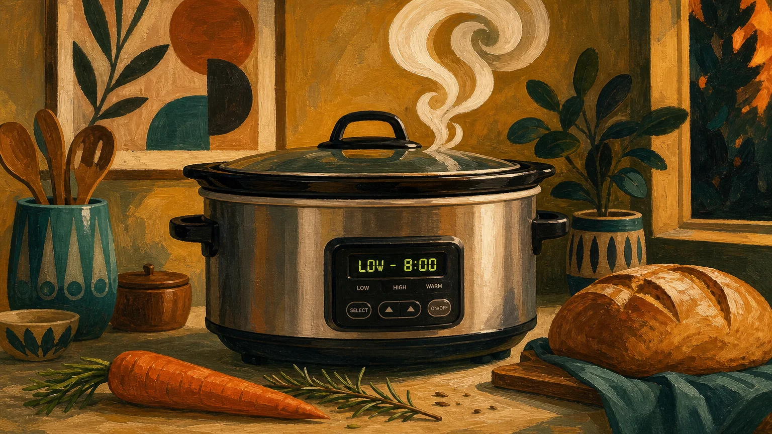 A colorful gouache painting of a slow cooker on a kitchen counter surrounded by fresh vegetables.