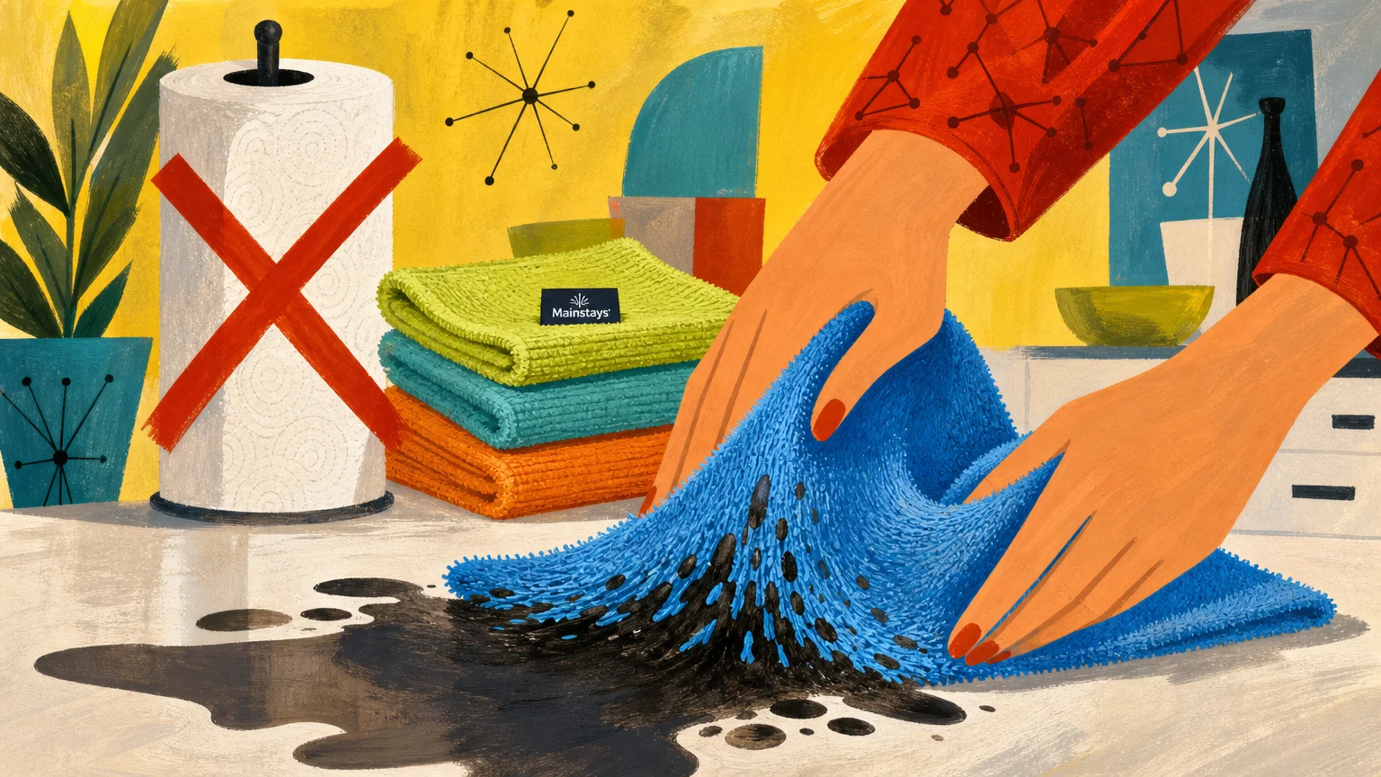 A colorful illustration showing a hand using a blue microfiber cloth to clean a spill, representing a reusable alternative to paper towels.