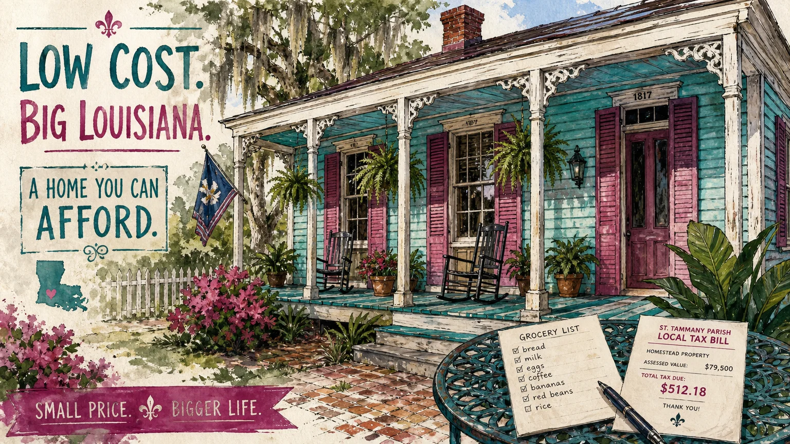A colorful watercolor illustration of a Louisiana shotgun house with a porch and a small table.