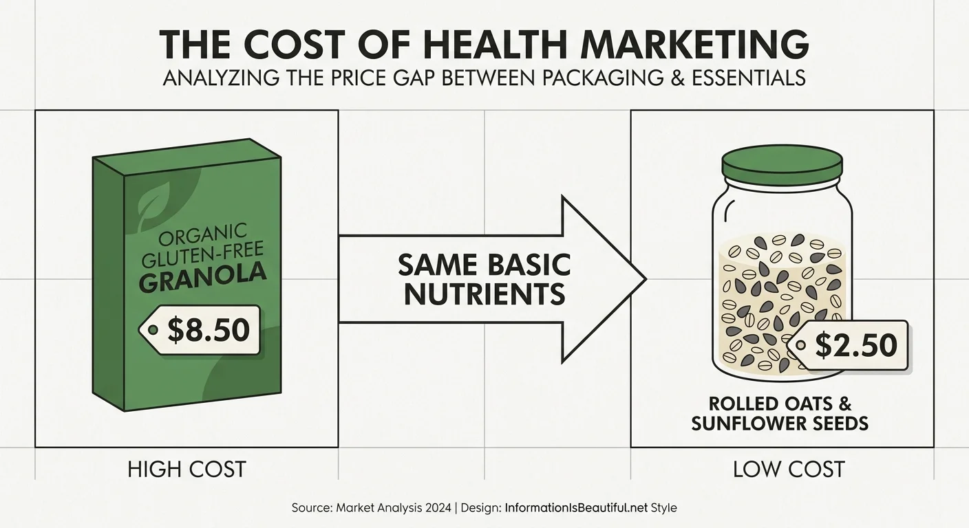 A comparative diagram showing an expensive organic granola box versus simple, affordable raw oats and seeds.
