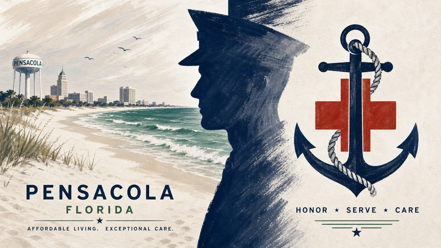 A conceptual illustration linking Pensacola's white-sand beaches with its extensive military healthcare network.