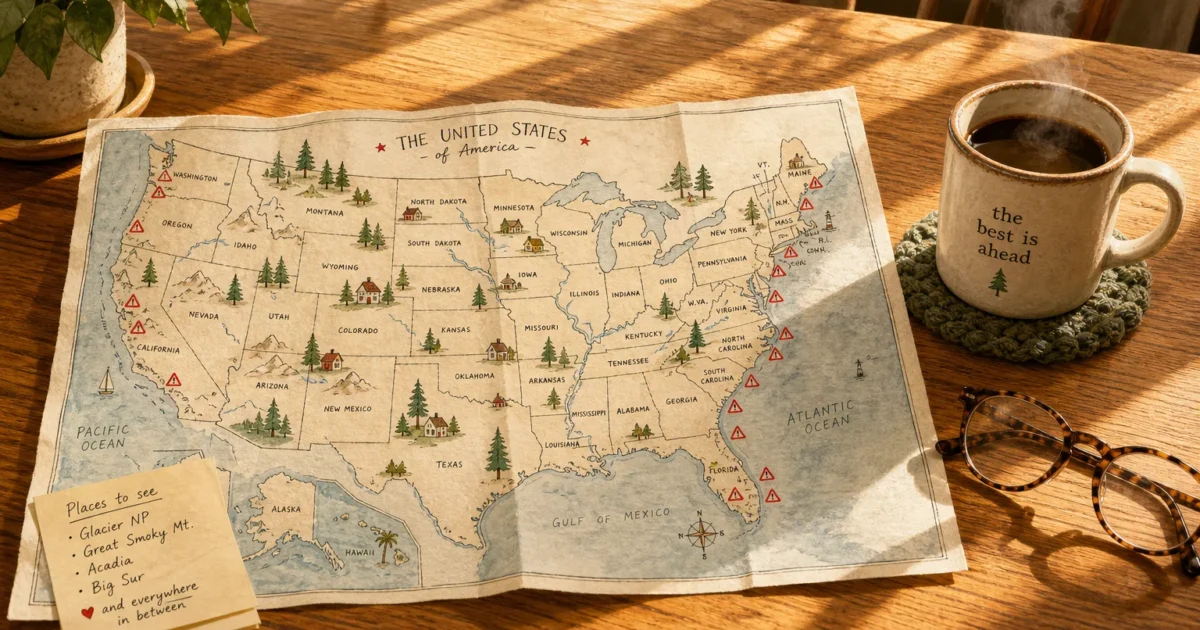 A cozy scene of a hand-painted map of the United States on a wooden table next to a coffee mug, highlighting small-town relocation spots.
