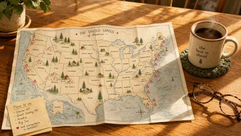 A cozy scene of a hand-painted map of the United States on a wooden table next to a coffee mug, highlighting small-town relocation spots.