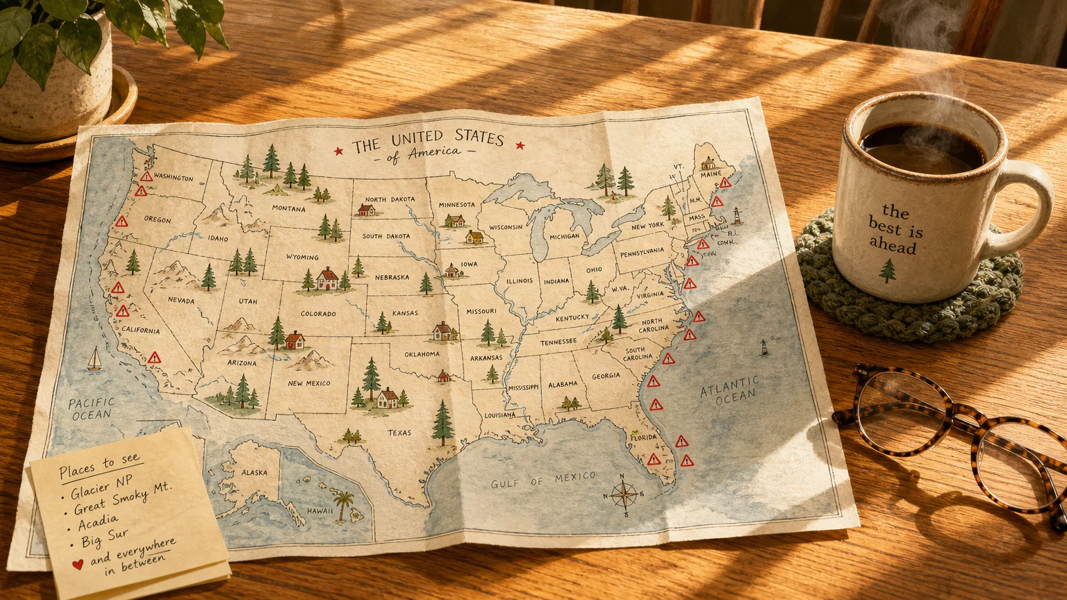 A cozy scene of a hand-painted map of the United States on a wooden table next to a coffee mug, highlighting small-town relocation spots.