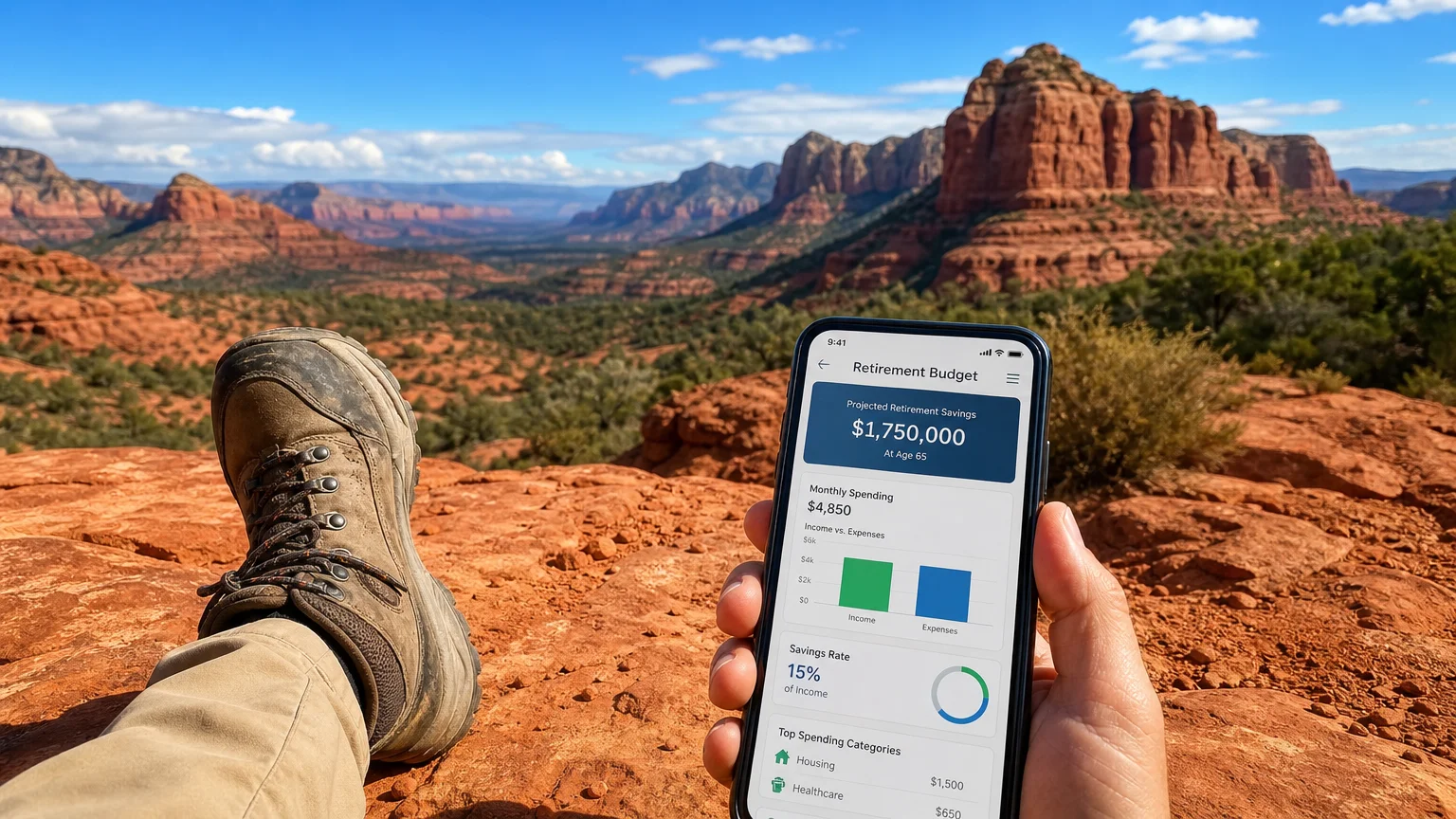 A desert landscape in Utah with a hiking boot and a retirement budget app in the foreground.