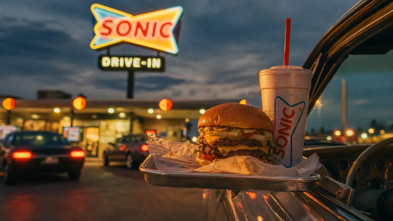 A double cheeseburger on a car window tray at a drive-in during twilight, shot on grainy 35mm film.