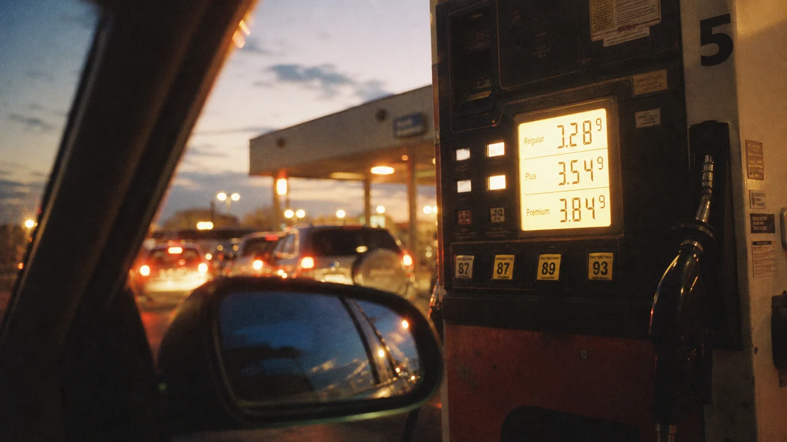 A film photograph taken from inside a car looking at a glowing warehouse gas pump display at dusk with blurred headlights behind it.