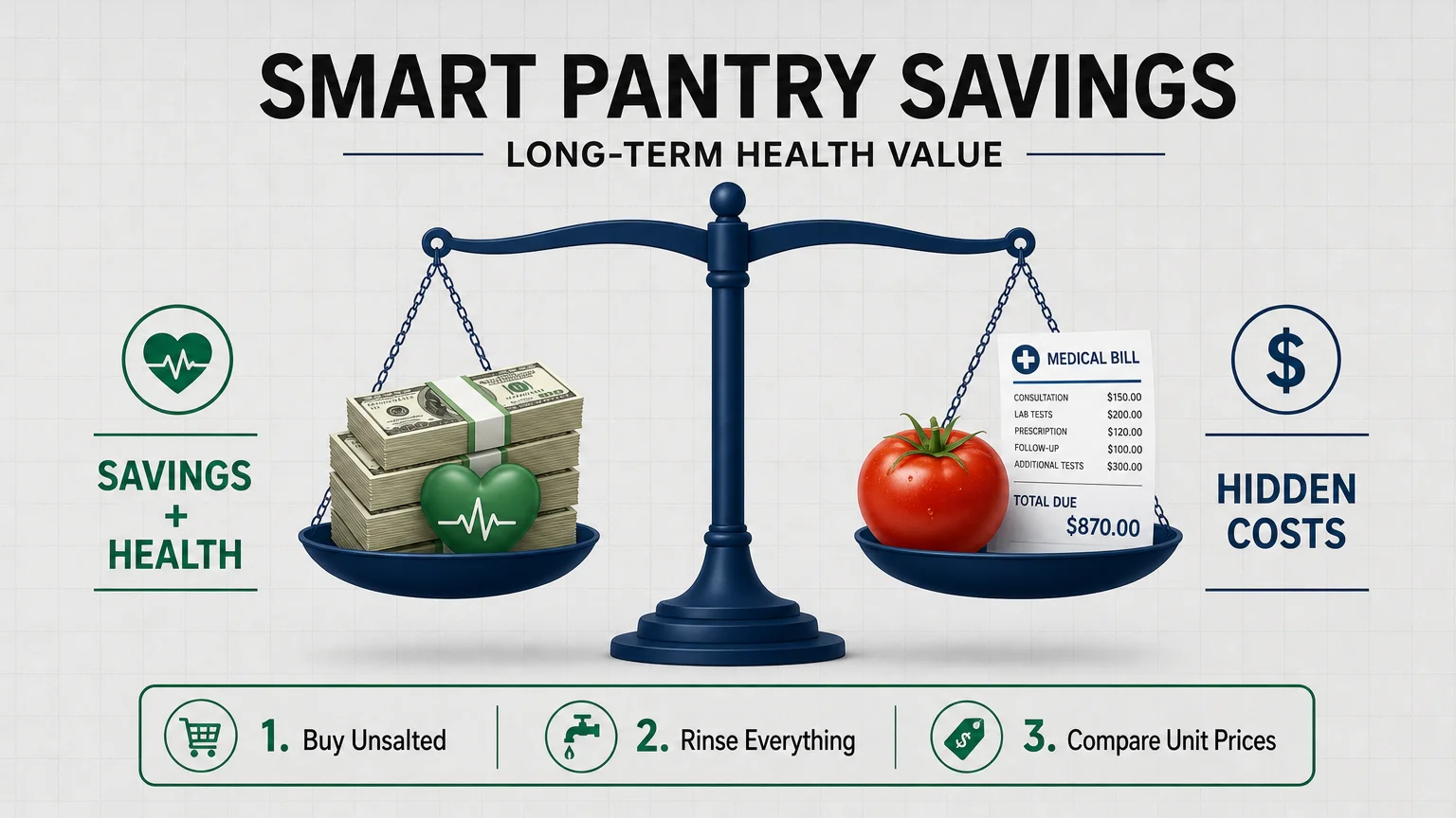 A final infographic showing a scale balancing money savings and heart health through smart grocery choices.