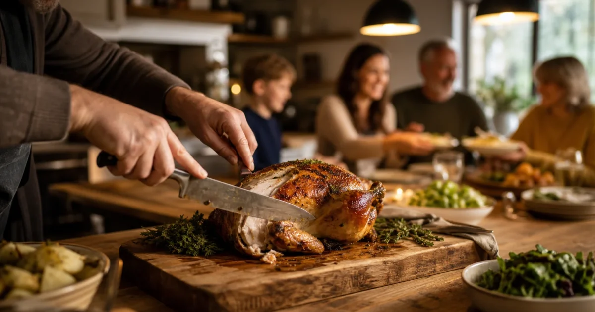 A golden-brown rotisserie chicken being carved on a wooden board in a warm kitchen, with a family dining in the soft-focus background.