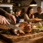 A golden-brown rotisserie chicken being carved on a wooden board in a warm kitchen, with a family dining in the soft-focus background.