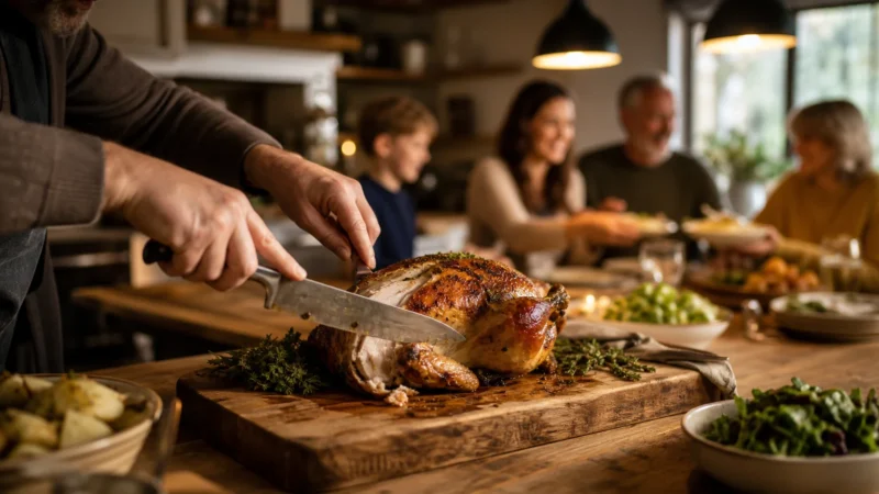 A golden-brown rotisserie chicken being carved on a wooden board in a warm kitchen, with a family dining in the soft-focus background.