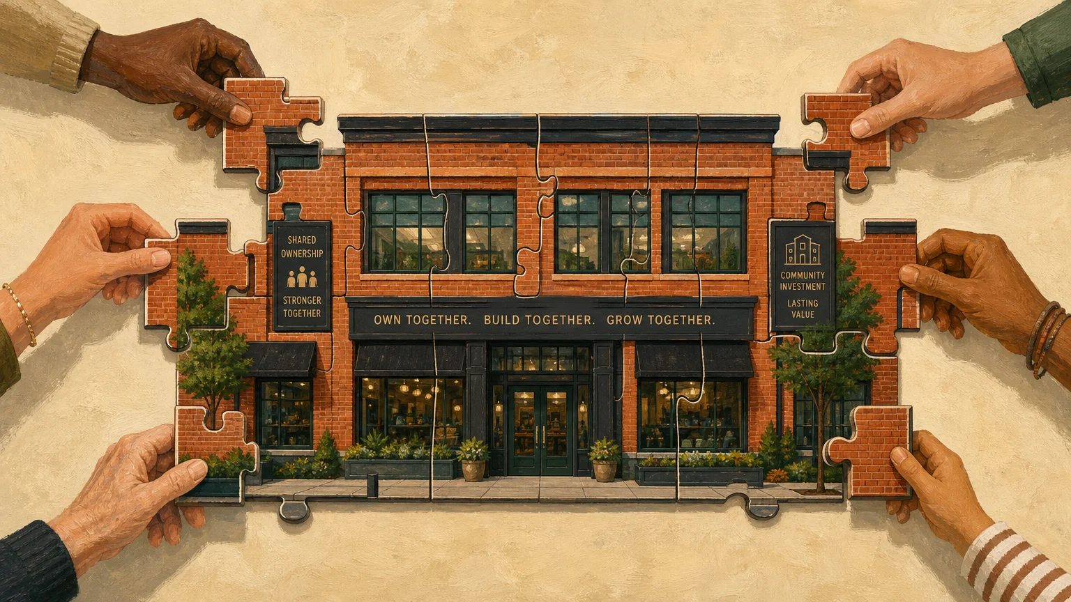 A gouache illustration of a commercial brick building represented as a puzzle, with hands placing individual pieces to show fractional owner