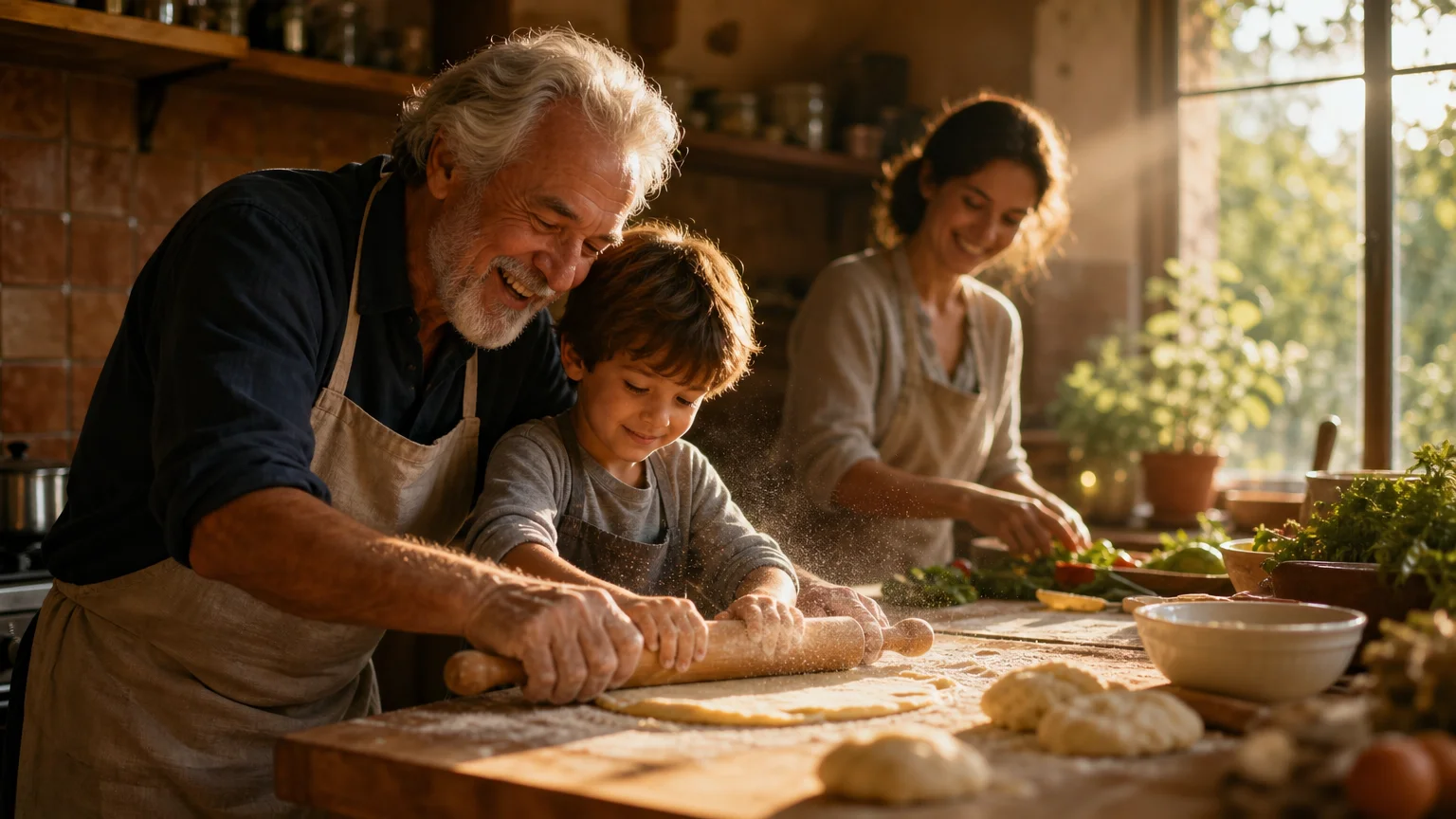 A grandfather and grandson laugh while making pasta in a sunlit kitchen, with the mother cooking in the background.