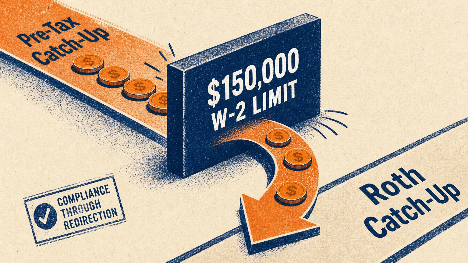 A graphic illustration showing retirement funds being redirected from a pre-tax path to a Roth path due to a $150,000 wage limit.
