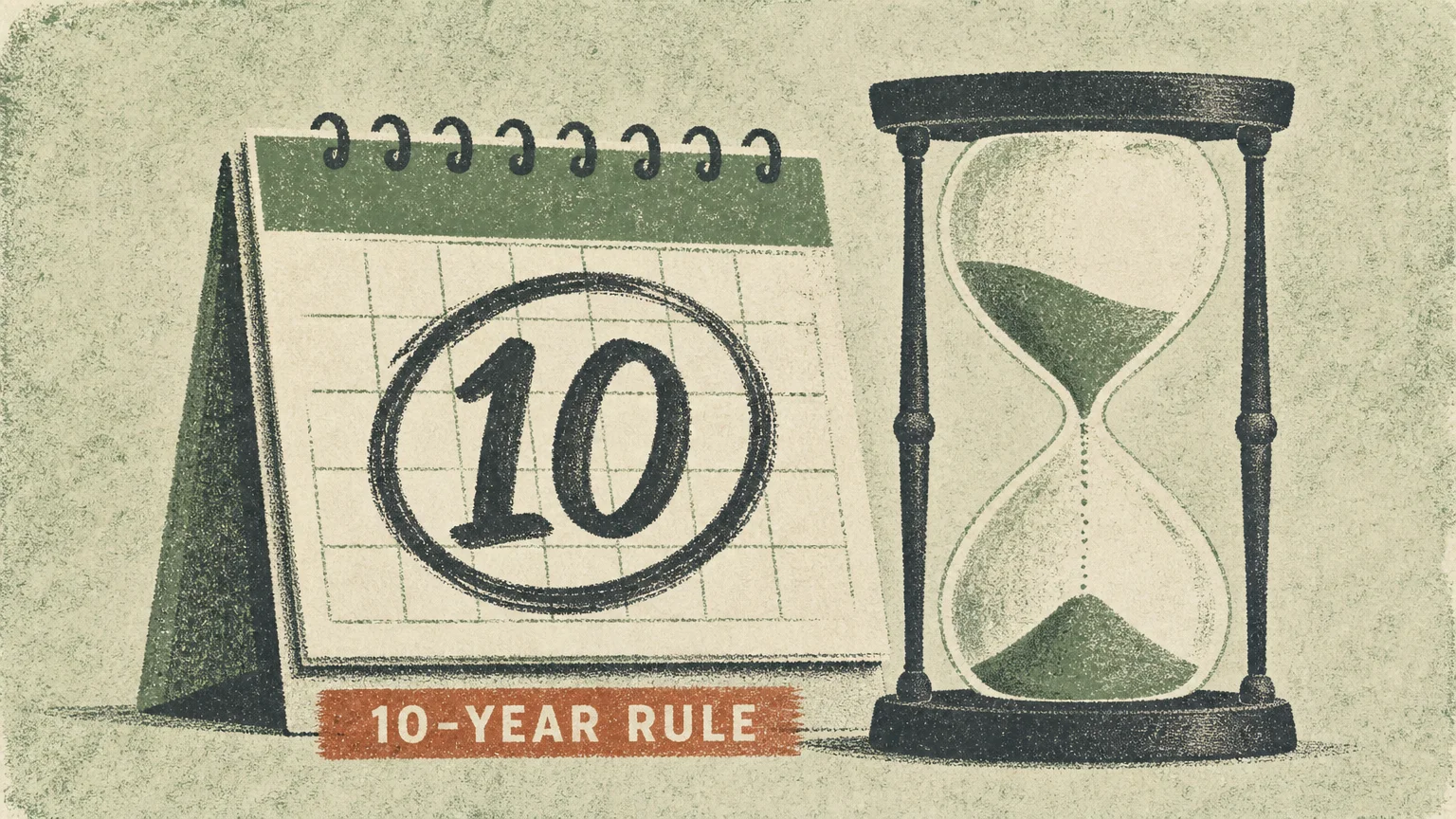 A graphic risograph illustration of a calendar page with a circled number 10 next to an hourglass, symbolizing the 10-year IRA rule.