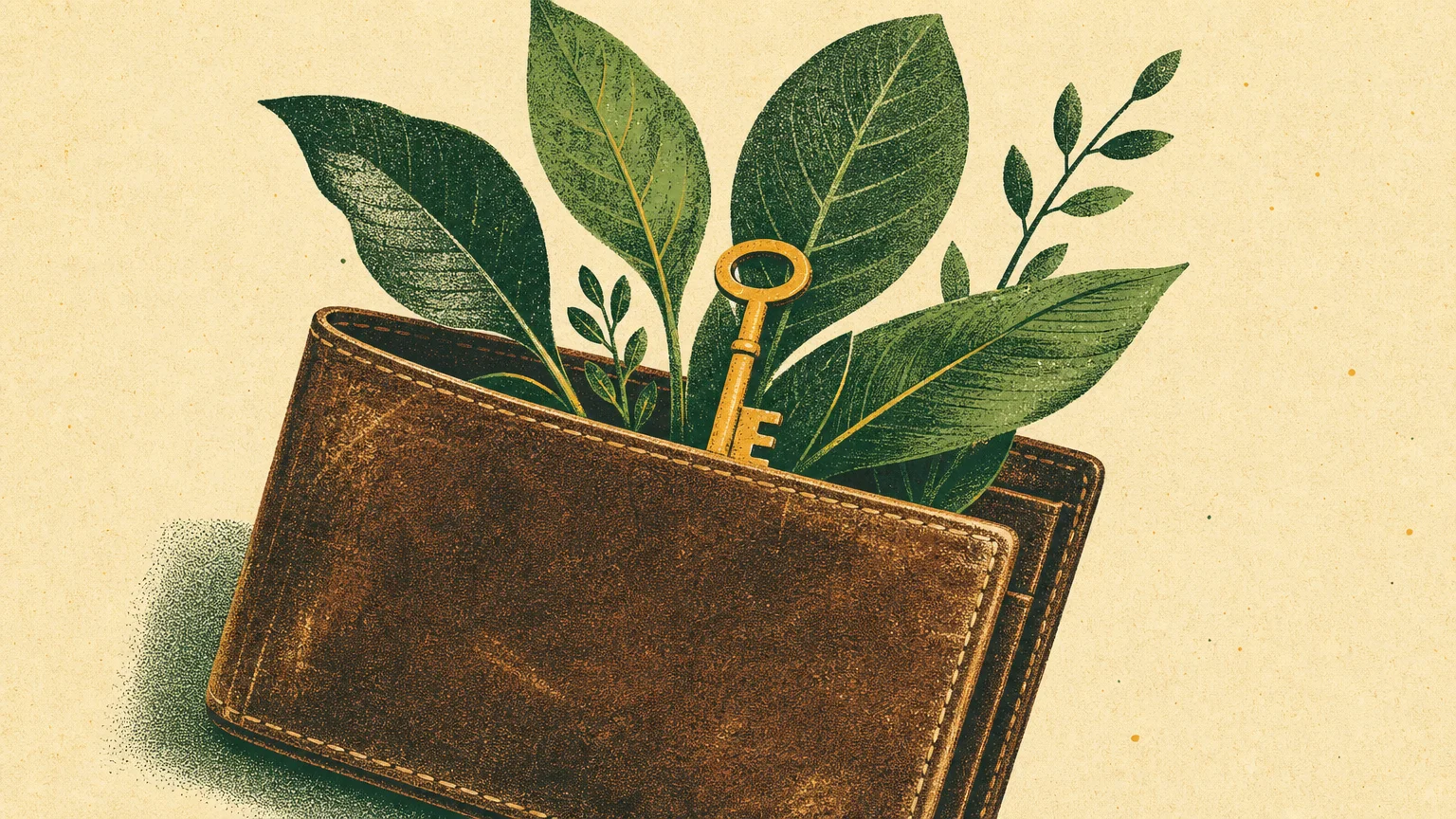 A graphic risograph illustration of a leather wallet with green leaves and a golden key sprouting from it, symbolizing financial growth.