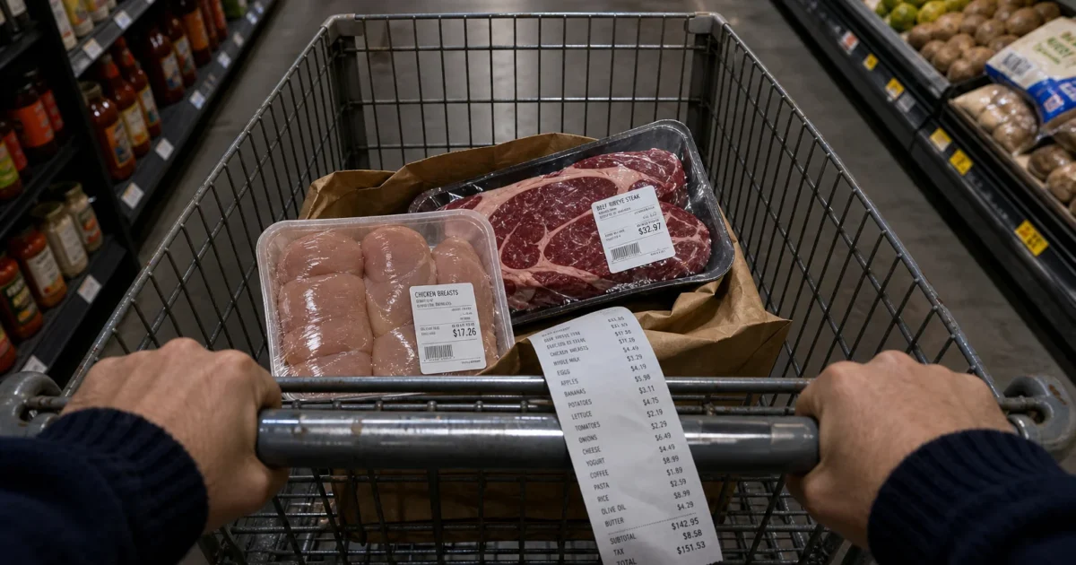 A grocery cart containing expensive packages of meat and a long receipt, shot from a first-person perspective in a grocery store.