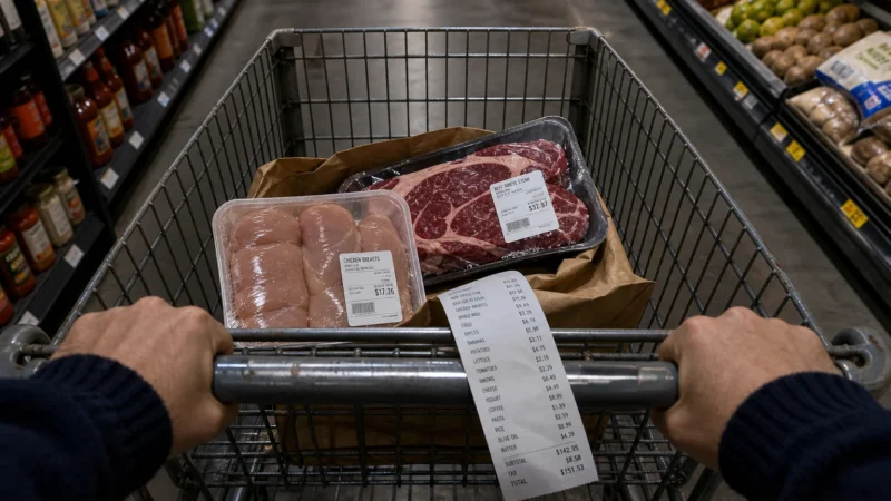 A grocery cart containing expensive packages of meat and a long receipt, shot from a first-person perspective in a grocery store.