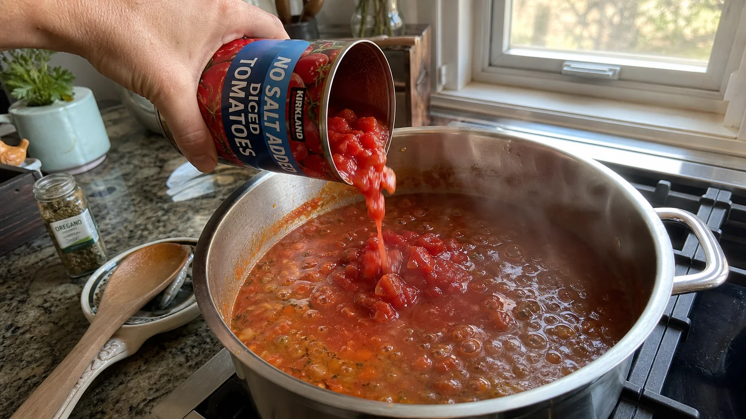 A hand pouring 'No Salt Added' diced tomatoes into a simmering pot in a sunny, authentic home kitchen.