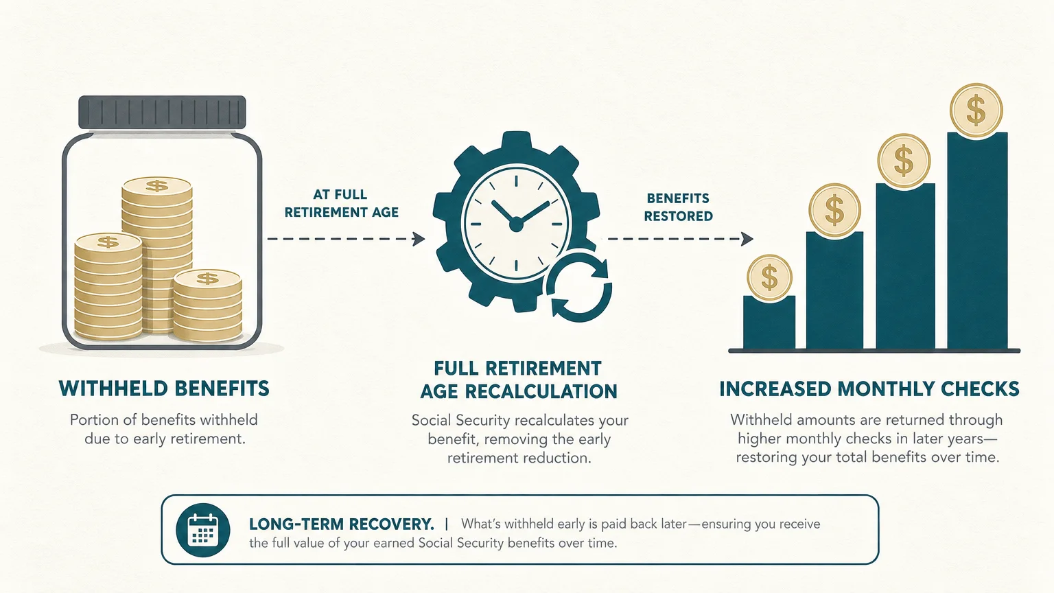 A horizontal diagram illustrating withheld Social Security funds being recalculated at Full Retirement Age into larger monthly checks.