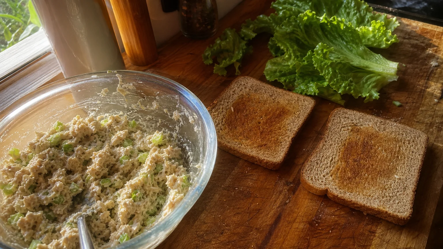 A kitchen counter scene showing the fresh ingredients for a homemade chicken salad sandwich being prepared.