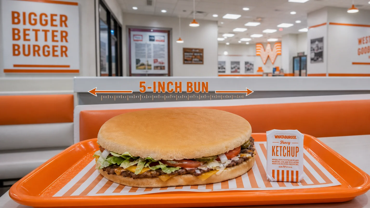 A large burger on an orange tray in a bright diner, showing its massive size compared to the tray.