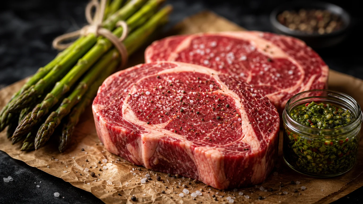 A macro shot of fresh seasoned ribeye steaks and asparagus ready for cooking.
