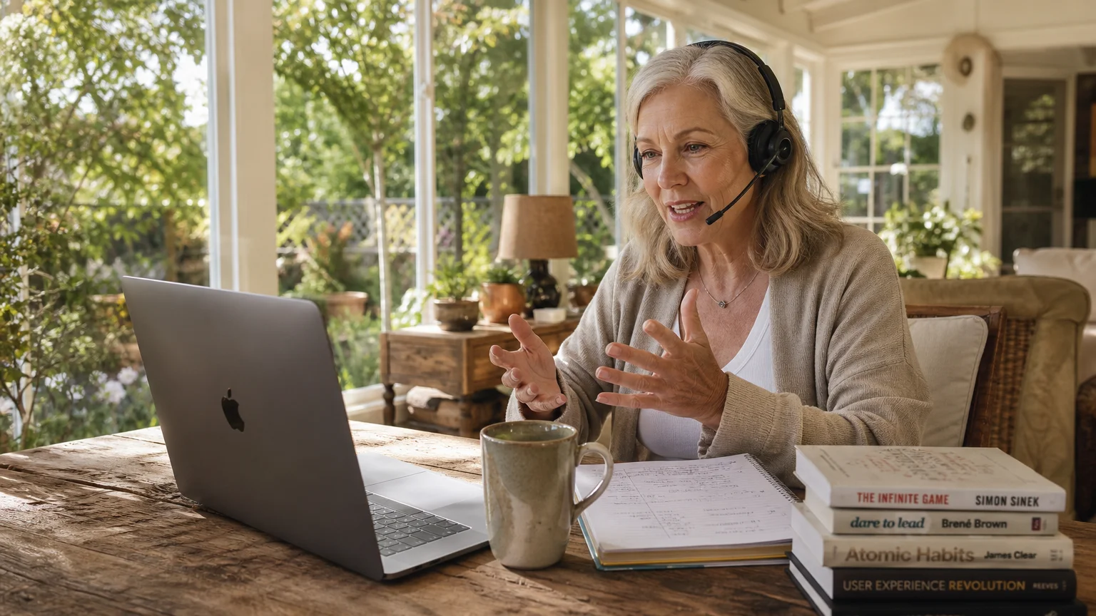 A mature woman in casual wear happily speaks on a video call on her laptop inside a bright, plant-filled sunroom.