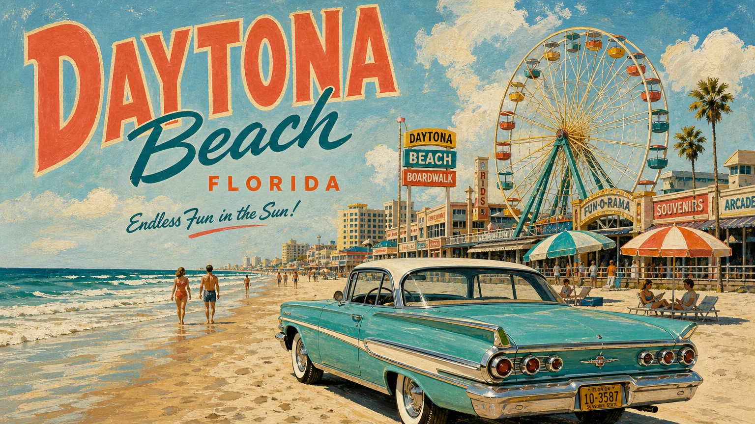 A mid-century style illustration of a car parked on the wide sand of Daytona Beach with a boardwalk ferris wheel in the background.