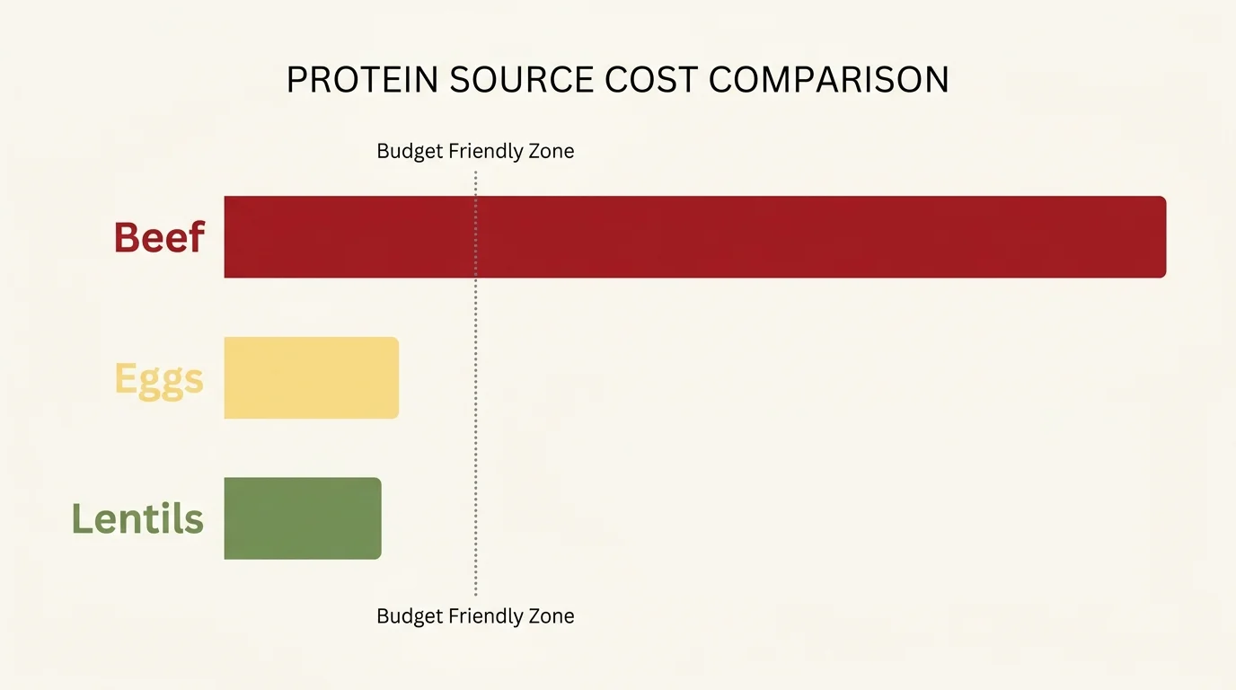 A minimalist bar chart comparing the cost of protein sources, showing beef as highly expensive compared to eggs and lentils.