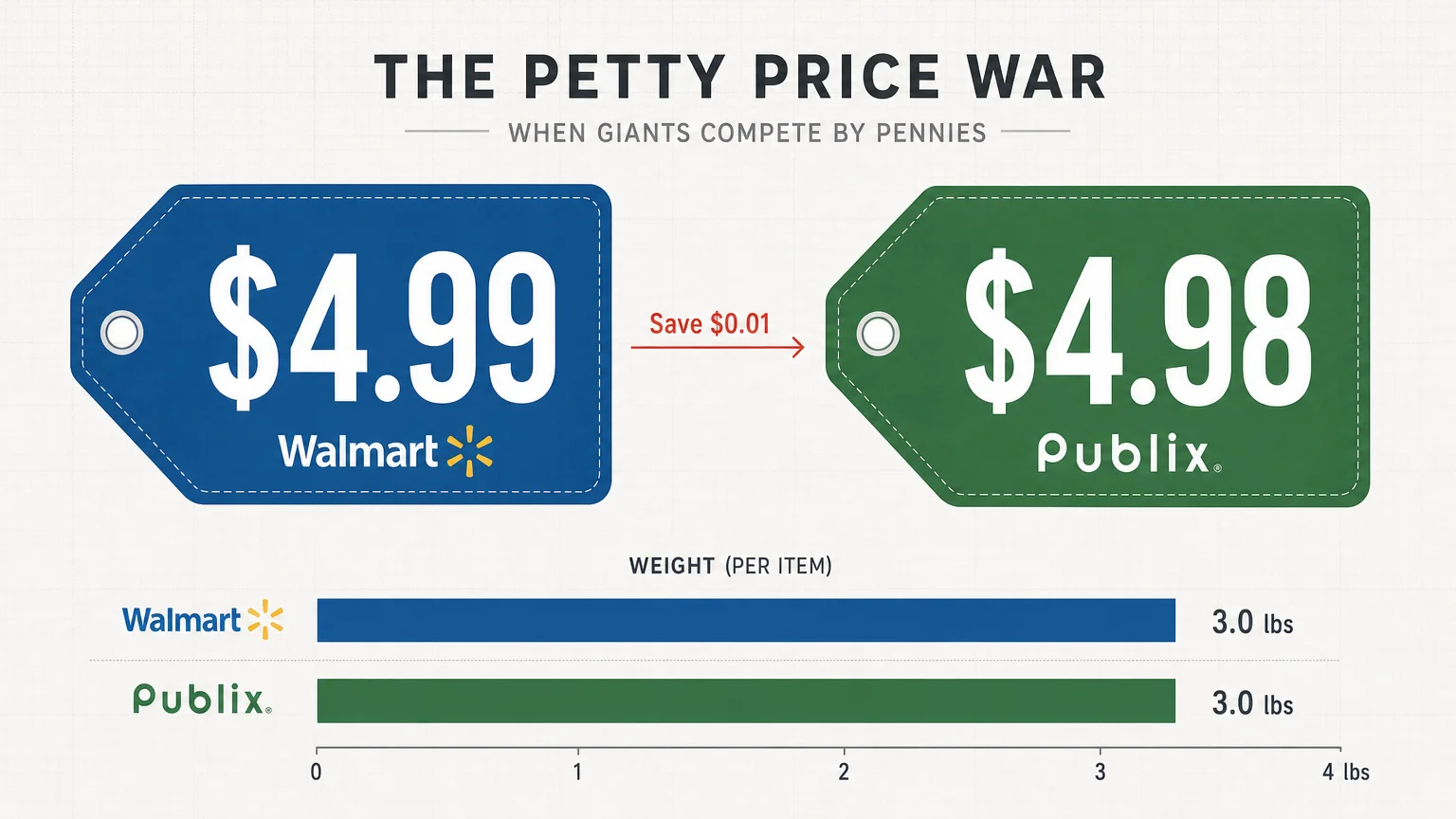 A minimalist diagram showing a price comparison between a $4.99 price tag and a $4.98 price tag, both indicating a weight of 3.0 lbs.