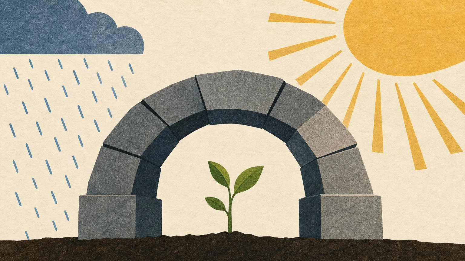 A minimalist graphic of a stone arch protecting a green sprout from rain under a breaking sun.