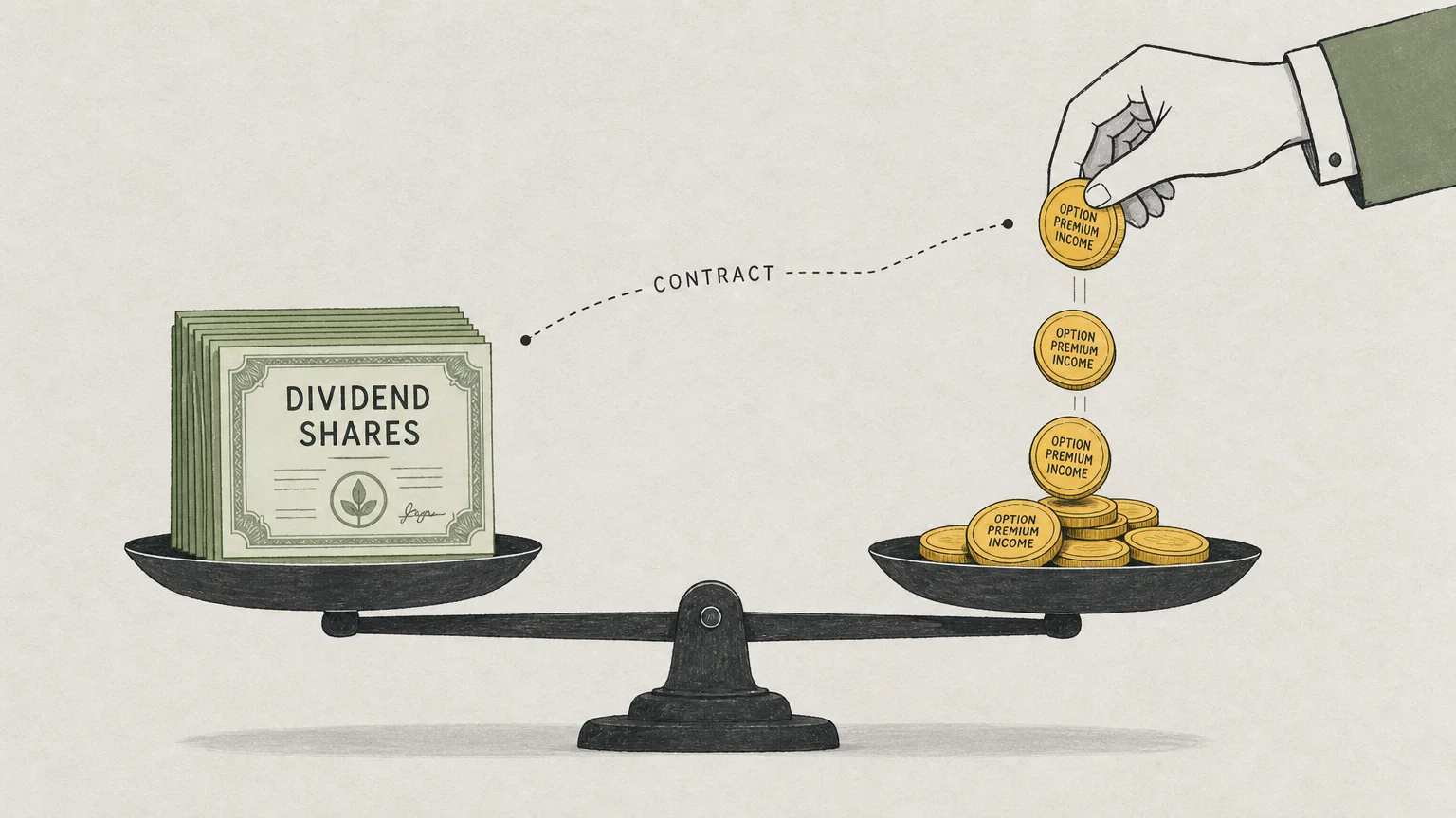A minimalist illustration of a scale balancing a stack of dividend stocks with a steady stream of incoming option premium coins.