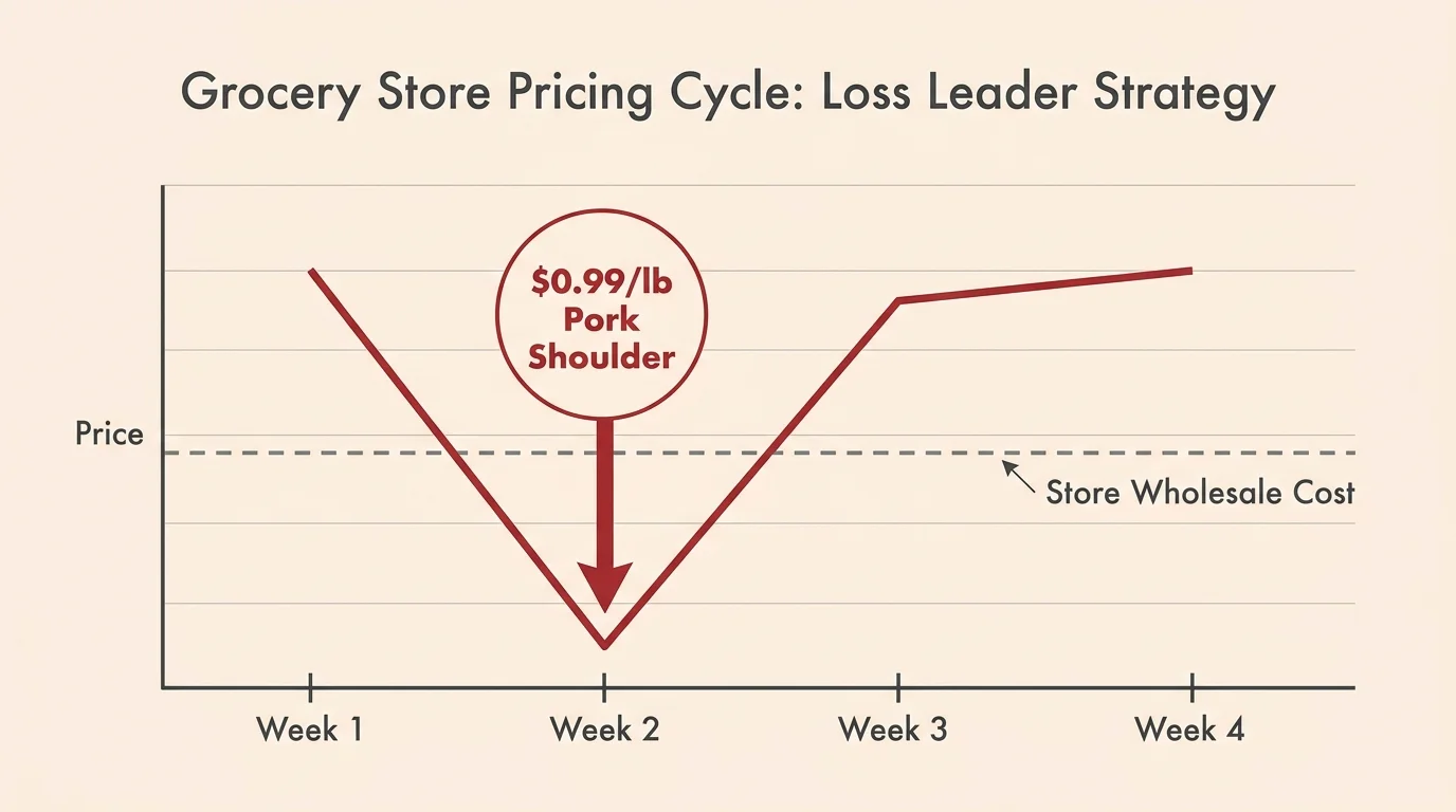 A minimalist line graph showing a grocery price cycle dipping below wholesale cost, labeled with 99 cents pork shoulder.