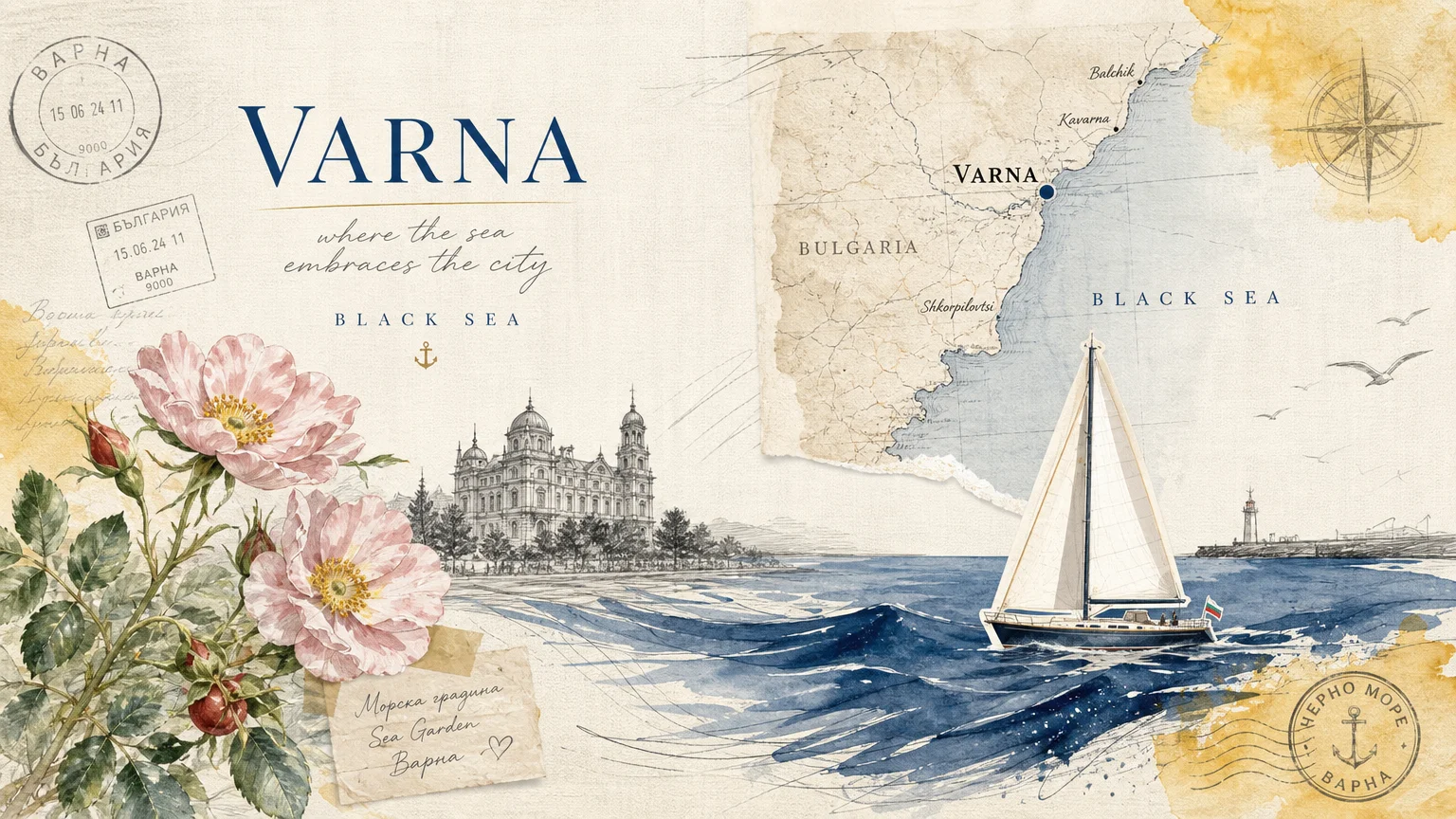 A mixed-media collage of Varna, Bulgaria, featuring sea-garden roses, a sailboat, and Black Sea coastal map details.
