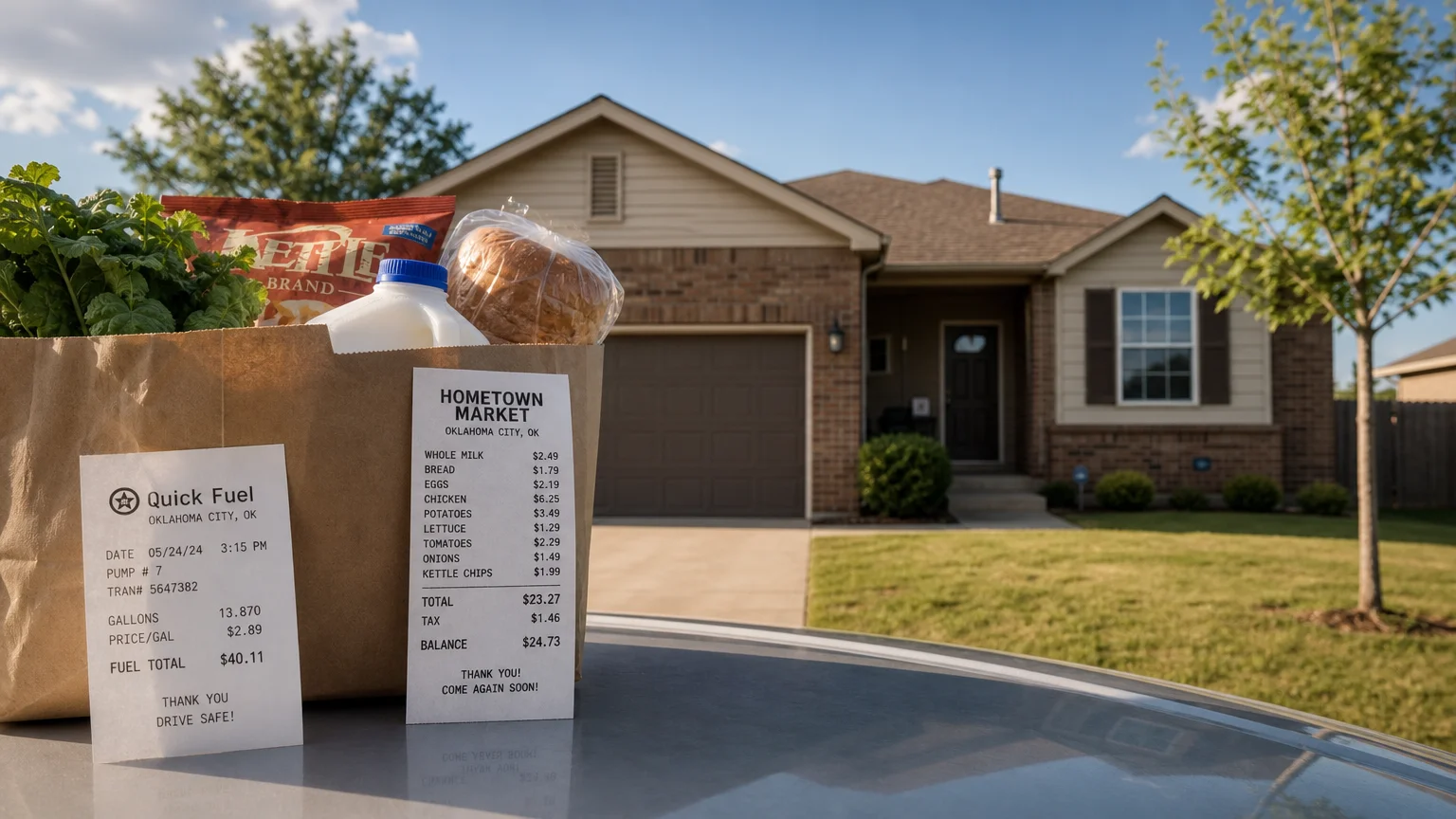 A modern home in Oklahoma with a receipt showing low costs for gas and groceries.