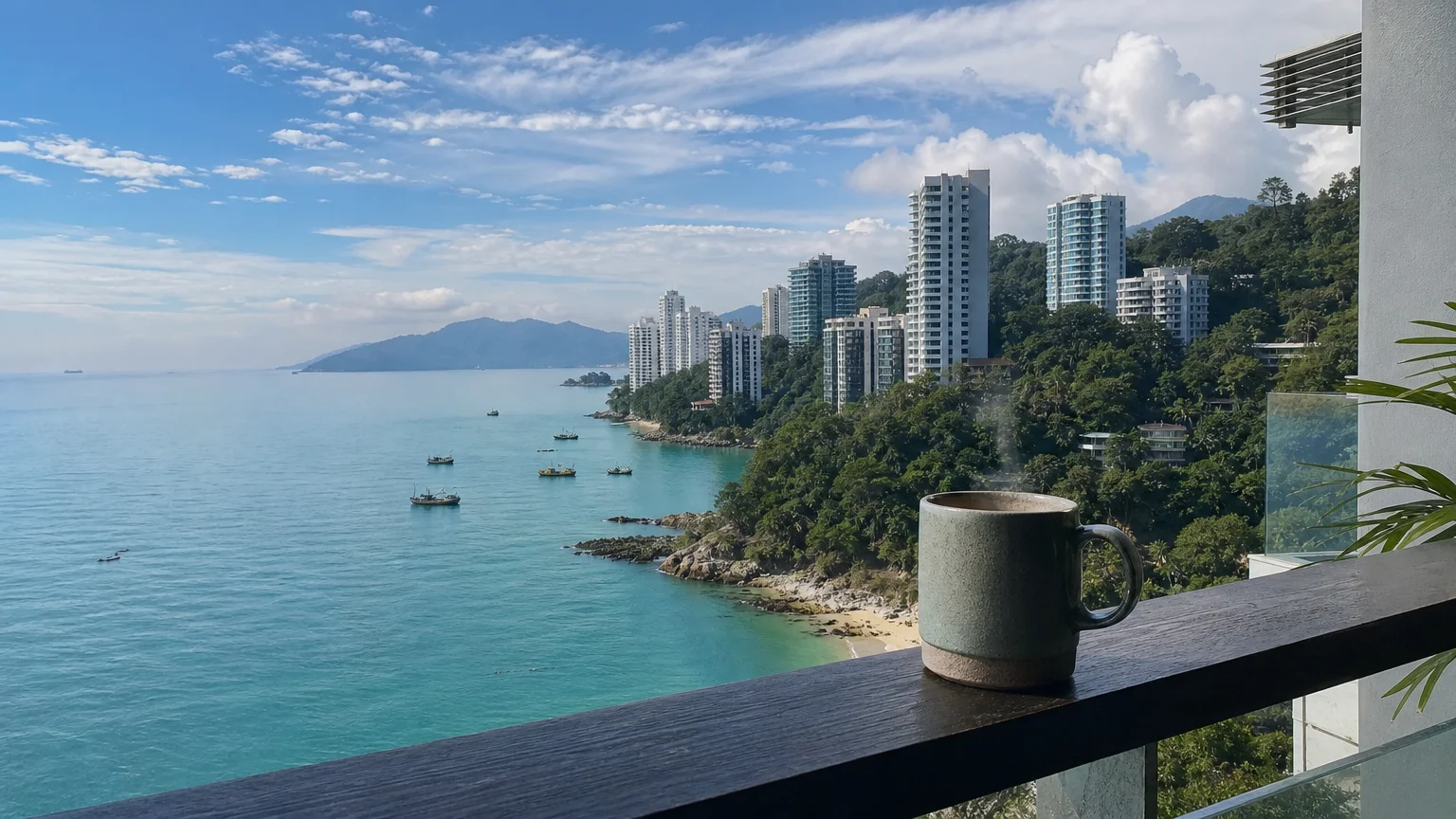 A morning view of the turquoise sea and high-rises from a condo balcony in Penang, Malaysia, with a coffee mug in the foreground.
